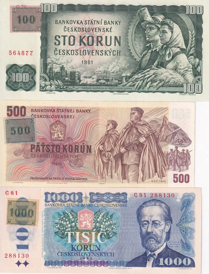 Juego Checo 3 UNC 100 500 1000 Korun 1961-1985 (1993) P 1 P 2 P 3 Sellos Foto 1 de 4