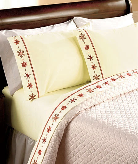 Full Burgundy Snowflake Embroidered Sheet Set Winter Bedding Decor - Image 1 of 1