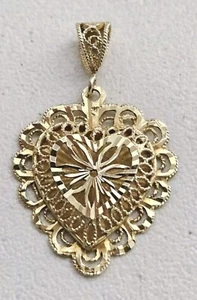 14K Gold 3D Puffy Filigree Diamond Cut Reversible Heart Pendant - Picture 1 of 16