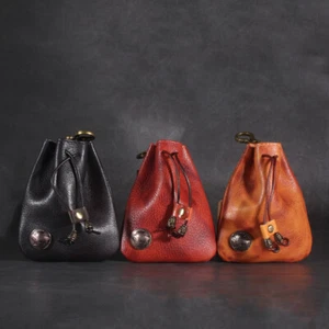 Vintage Drawstring Wallet Real Leather Coin Purse Money Pocket Pouch Small Bag - Picture 1 of 17