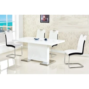 Luxurious White 5 Pc Dining Set, Lacquer Finish Dining Table Leather Chairs Set - Picture 1 of 8