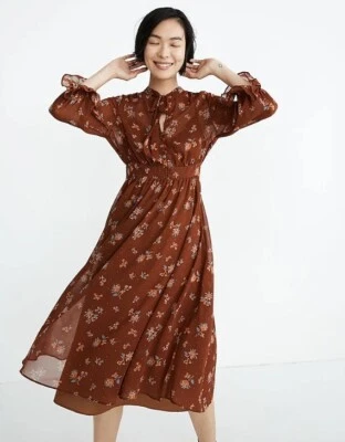 Nuevo con etiquetas Vestido Midi Madewell Georgette Cuello Atado Talla 2 Bosque Floral Cedro Marrón Foto 1 de 4