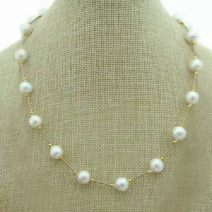 18"" AAA + Redondo 8-9mm Akoya White Pearl Station Collar Estación Oro 14k P - Imagen 1 de 5