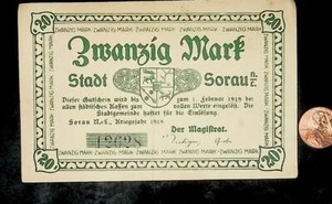 Billete de banco Alemania 1918 SORAU 20 MARCOS/dinero de emergencia - Imagen 1 de 2