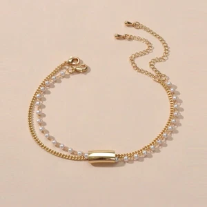 Faux Pearl Double layer Gold Chain Bracelet Textured Designer Female Accessories - Picture 1 of 4