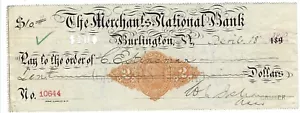 Cheque bancario RN-X7 Merchant's National Bank 1, VT Burlington, 1900 - Imagen 1 de 2
