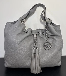 Michael Kors Grey Pebbled Leather Camden Tassel & Logo Drawstring Shoulder Bag - Picture 1 of 20