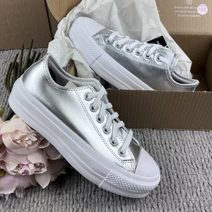 NEW Womens Size 7 Converse Custom Leather Low Top Platform Shoe Silver Metallic - Picture 1 of 8