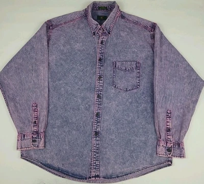 Vintage 90s Club Room Purple Red Wash Denim Blue Jean Button Shirt 1990s USA Vtg - Image 1 of 4