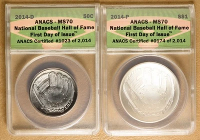 2014 Baseball Hall of Fame Commemorative Half & Silver Dollar ANACS MS70 - Image 1 of 2