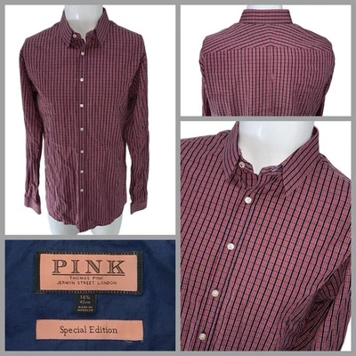 Camisa de Vestir Thomas Rosa Edición Especial Hombres 16.5 Rojo Azul Algodón a Cuadros YGI X5-78 Foto 1 de 4