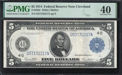 1914 $5 CLEVELAND FRN FEDERAL RESERVE NOTE PMG 40 Fr 859a - Image 1 of 2