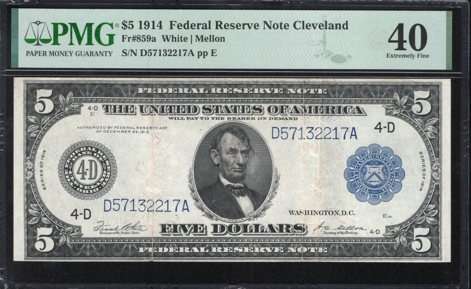 1914 $5 CLEVELAND FRN FEDERAL RESERVE NOTE PMG 40 Fr 859a - Image 1 of 2