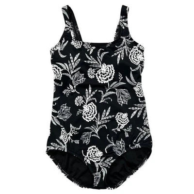 Lands' End Black White Floral Tugless Scoop Neck One Piece Swimsuit Size 12 - Image 1 of 4