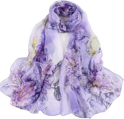 Herebuy Mujer Bufanda Floral Chifón Flores y Pájaros Estampado Moda Envoltura        Foto 1 de 4