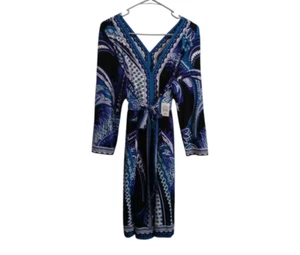 ECI New York Dress Paisley Blue Swirl V Neck Belt Classic City Size Large - Picture 1 of 10