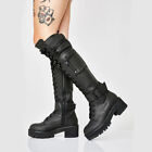 Womens Spring Low Block Heels Buckle Strap Lace Up Round Toe Knee High Boots