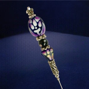 HATPIN con cuentas hechas a mano de vidrio morado oscuro + fornituras de peltre - acabado plateado - Imagen 1 de 12