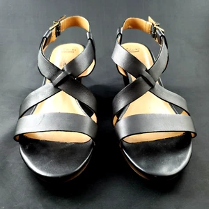 Clarks Shoes 9 M Black Sandal Tan Heel Chunky 3" Buckle Open Toe Cushioned - Picture 1 of 10