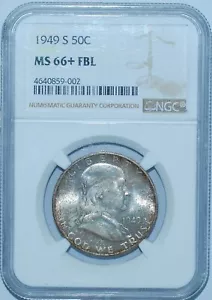 1949 S NGC MS66+FBL Full Bell Lines Franklin Half Dollar Mint Set Toned - Picture 1 of 2