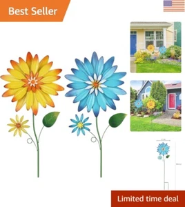 Vibrant Yellow & Blue Flower Stakes for Spring - Set of 2 Decorative Stakes - Picture 1 of 10