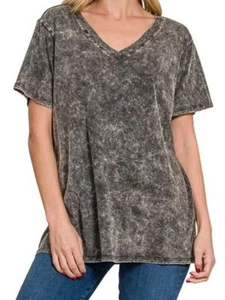 Damen Baumwolle Kurzarm V-Ausschnitt T-Shirt Top Freizeit Sommer Tunika T-Shirts Asche Schwarz - Bild 1 von 6