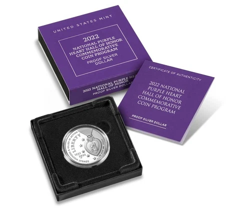 2022-W PROOF SILVER DOLLAR ✪ NATIONAL PURPLE HEART ✪ $1 OGP BOX & COA ◢TRUSTED◣ Cover