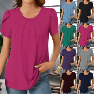 Womens Pleated Short Sleeve Tunic Tops Summer Round Neck Loose T Shirt Blouse - Picture 1 of 27
