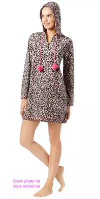 Jenni by Jennifer Moore Hooded PJ Sleep Shirt Beige Leopard Print Front Pocket S - Image 1 of 4