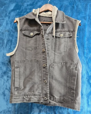 Carbon Mens Black Denim Vest Hooded Punk Grunge Rock Size Skater S Small - Image 1 of 4