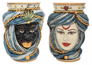 Vasi Ceramica Grande Teste di Moro Caltagirone Uomo Donna Cache Pot Portavasi    - Imagen 1 de 11