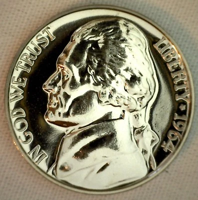 Moneda de cinco centavos de níquel Jefferson 1964 a prueba hecha en EE. UU. 5 centavos Foto 1 de 2