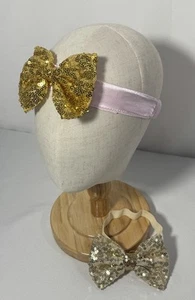 Baby Pink Gold Bow Headwrap Set of 2 Sequin Hair Bow Headband Girls - Picture 1 of 11
