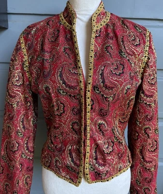 复古 70 年代红色和金色佩斯利锦缎编织夹克-尺寸 M — 第 1/4 张图片