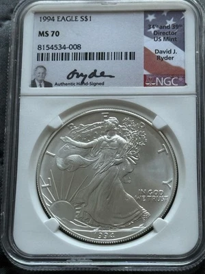 1994 American Silver Eagle $1 NGC MS70 David Ryder BLAST WHITE KEY DATE GEM!!! - Image 1 of 4