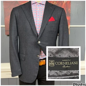 Corneliani Wool Cashmere Blazer Mens 44R Navy/Gray/Black Working Cuffs Flannel - Picture 1 of 14