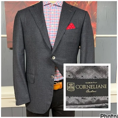Corneliani Wool Cashmere Blazer Mens 44R Navy/Gray/Black Working Cuffs Flannel - Image 1 of 4