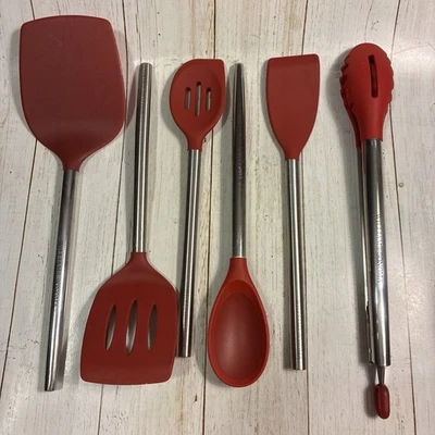 6 Pcs Williams-Sonoma Red Silicone Kitchen Tools With Stainless Steel Handles - Image 1 of 4