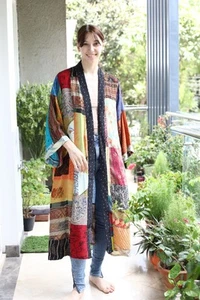 100% Crepe Silk Multicolor Patchwork Kimono Long Night Floral Robe PS PWK1057 - Picture 1 of 10