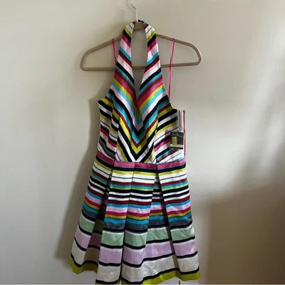 NWT Gabby Skye Vibrant Striped Halter Dress Sz 6 Spring Retro Fun Pockets Happy - Image 1 of 4