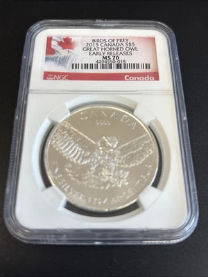 2015 $5 CANADA 1OZ SILVER GREAT HORNED OWL NGC MS70 EARLY RELEASE BIRDS OF PREY - Image 1 of 2