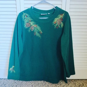 Quacker Factory Green Embroidered Holiday Sweater With Pinecones Women's Size M - Picture 1 of 7