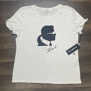 KARL LAGERFELD Paris Women’s Short Sleeve T-Shirt SZ Large L White w/Black Face - Picture 1 of 6