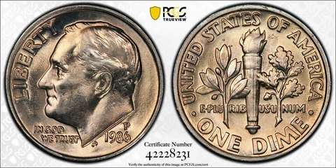 1986-P PCGS Roosevelt Dime MS65FB MS-65 Full Bands 10c Cover