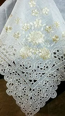 Ivory Gold 72x144" Embroidered Organza Lace Polyester Tablecloth Wedding Party - Image 1 of 4