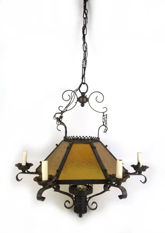 Vintage Antique Gothic Spanish Revival Wrought Iron Amber Glass Chandelier Cover