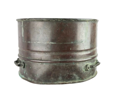 Antique Weathered Solid Copper Barrel Planter 9 x 6" Green Patina Concave Bottom Cover