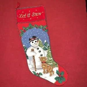 Vintage Needlepoint Christmas Stocking Let It Snow Snowman Dog Hand Embroidered - Picture 1 of 13
