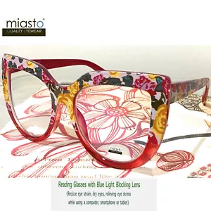 MIASTO "JACKIE O" SQUARISH CAT EYE COMPUTER READING GLASSES+4.00 RED~OVERSIZED - Picture 1 of 2