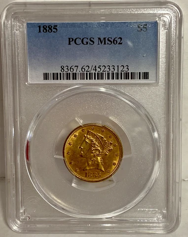 1885 $5 Gold Liberty Half Eagle PCGS MS62 Nice Coin! #3018 Cover